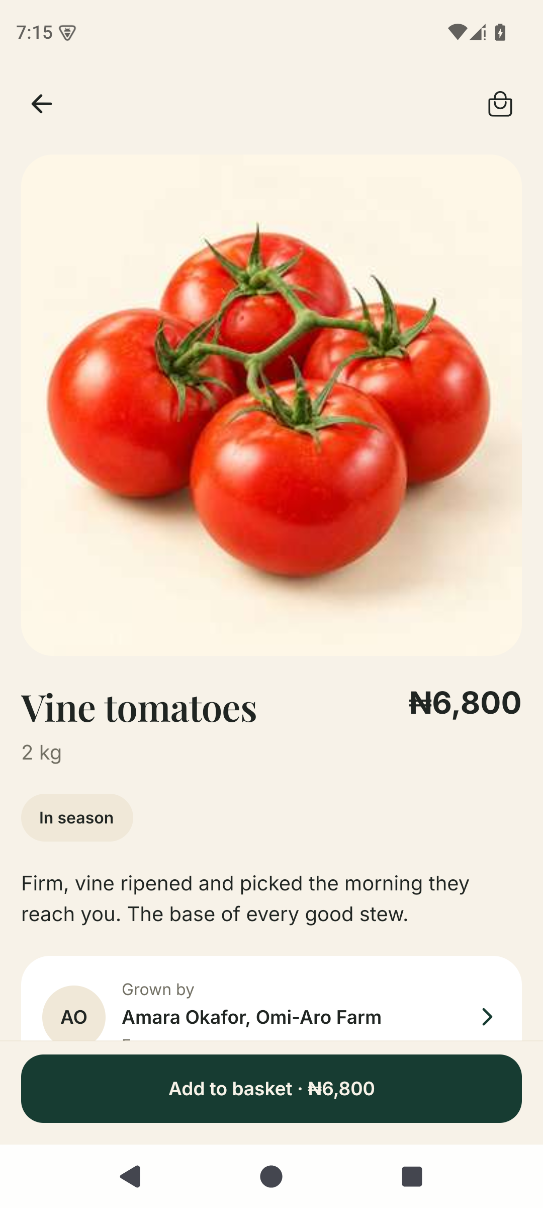 Thursday Market product screen on an Android phone, showing tomatoes and the basket action