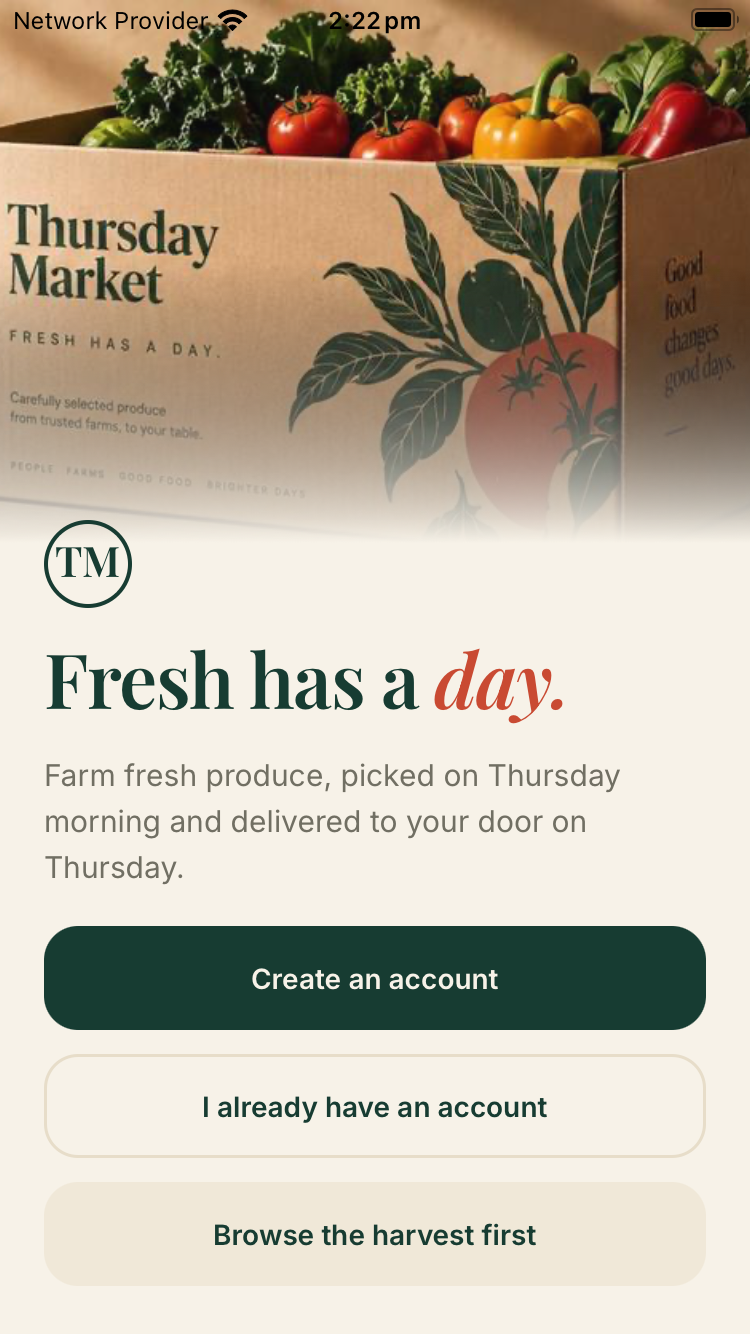 Thursday Market welcome screen on an iPhone, showing the produce box and options to create an account or browse